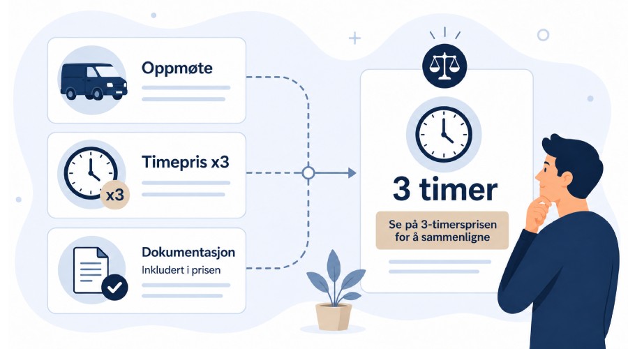 Illustrasjon som viser hvordan oppmøte, timepris for tre timer og dokumentasjon samles til én felles pris for tre timers arbeid, slik at ulike prismodeller blir sammenlignbare.
